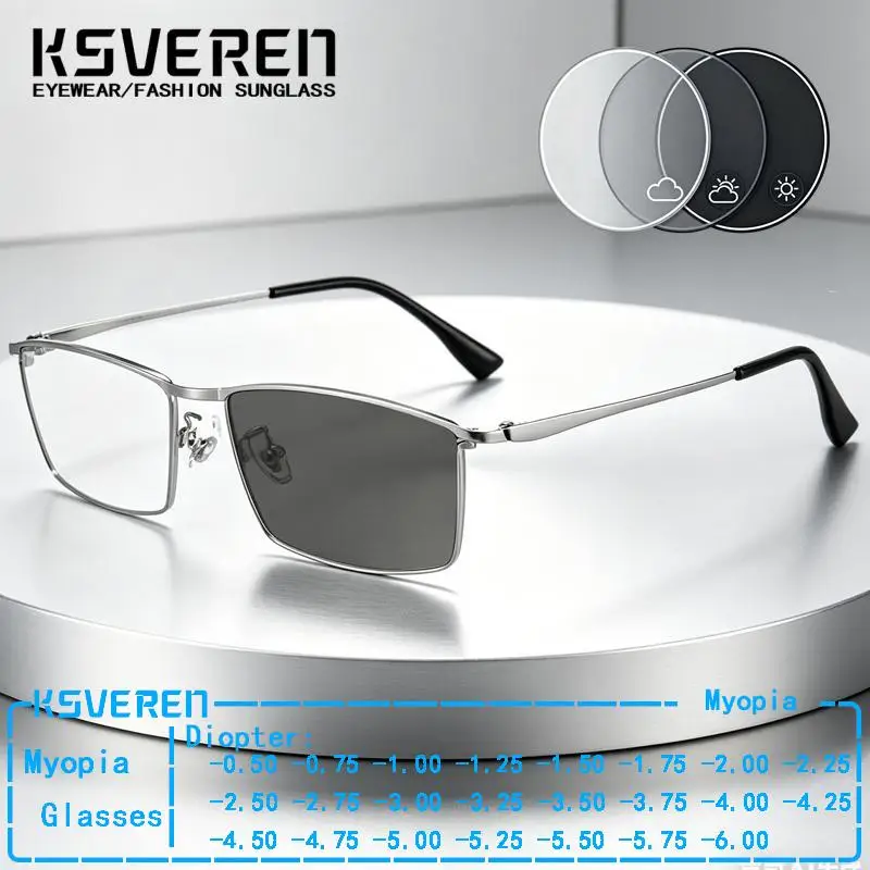 Ultra Light Titanium Photochromic Myopia Glasses Men Business Prescription Glasses Sun Color Changing Eyewear Negative Diopter