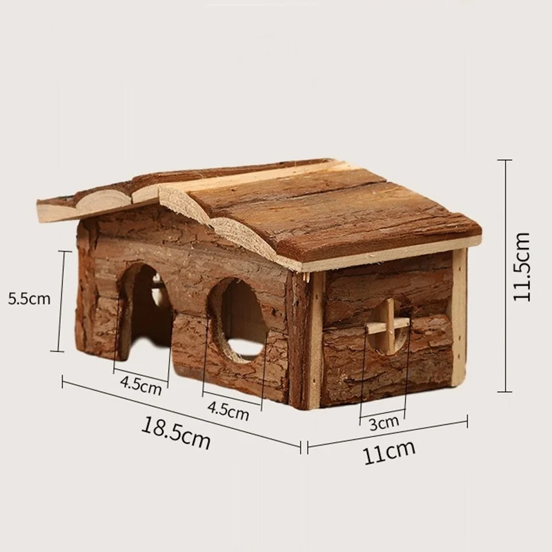 Sloping Roof Hamster Bark Pine Wooden House Natural Wood Small Animal Cage Lodge Handmade Little Pet Shelter Garden Decoration