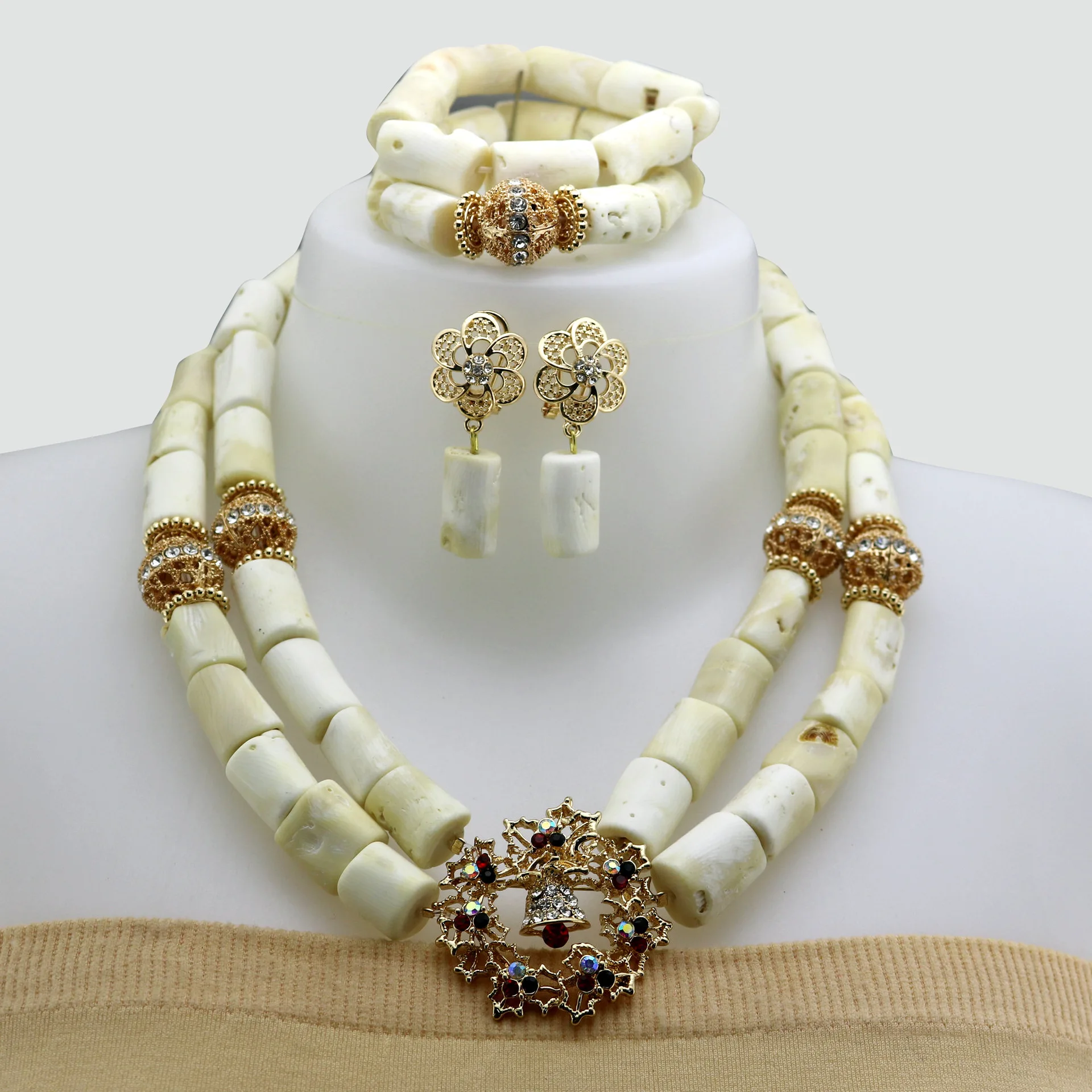 

Luxury Natural Coral Beads Jewelry Sets for Women Statement Bibs Choker Necklace Earrings Bracelet Wedding Africa Nigerian Party