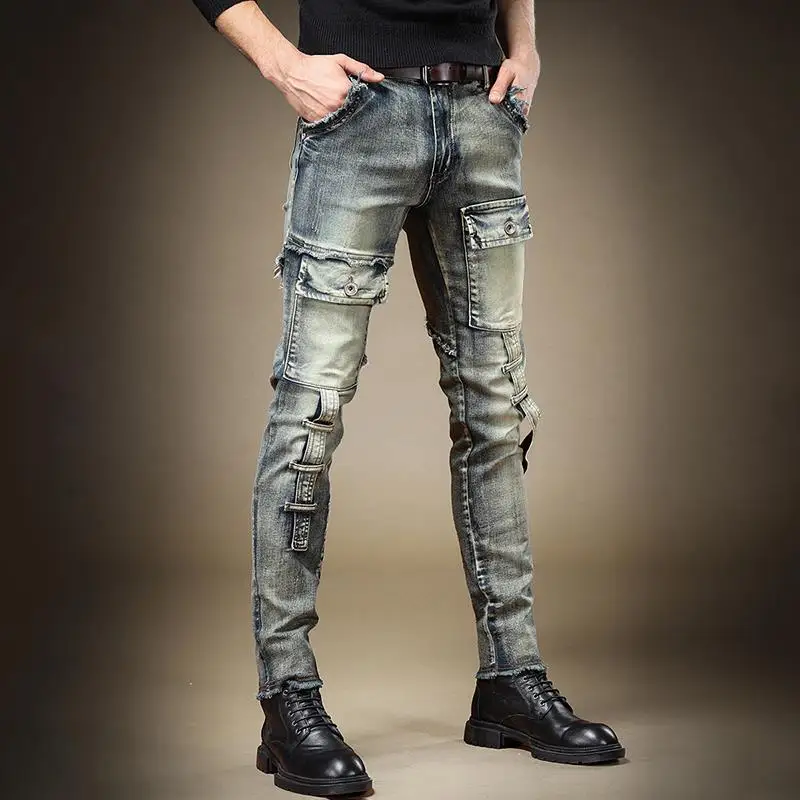 European and American Retro Heavy Industry Washed Tooling Jeans Men's Autumn and Winter Scratch and Grind Slim Fit Casual Pants