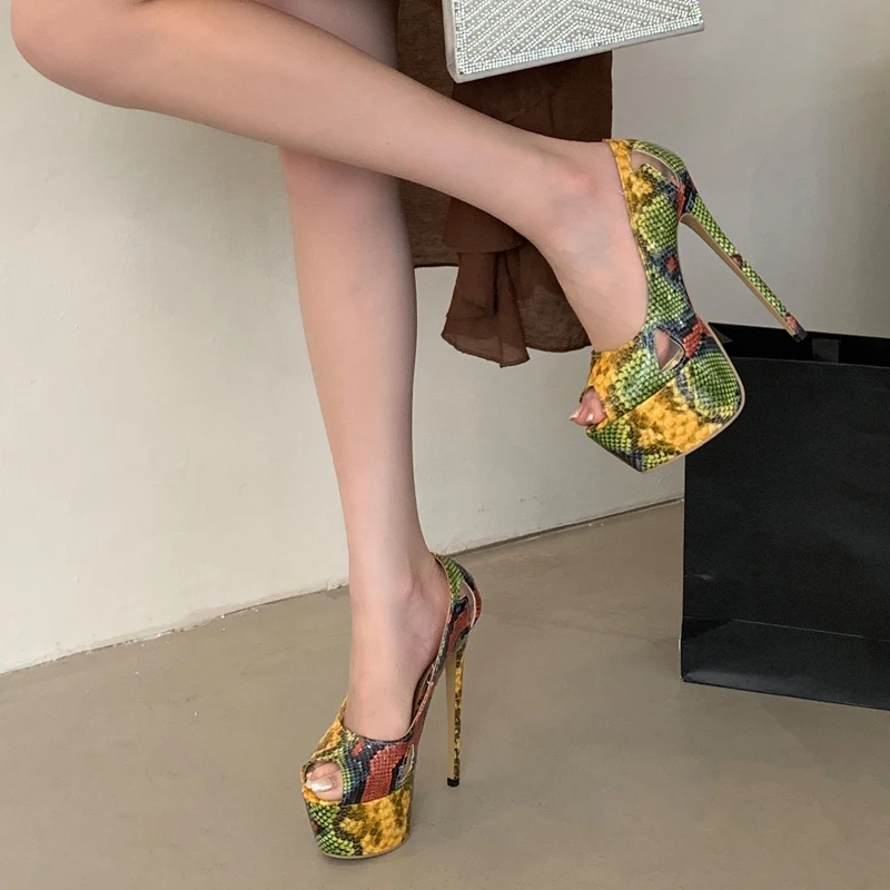 

Sexy Colorful Snake-Pattern Pumps Women 16CM Thin High Heels Peep Toe Party Prom Stripper Sandals Catwalk Shoes Zapatos De Mujer