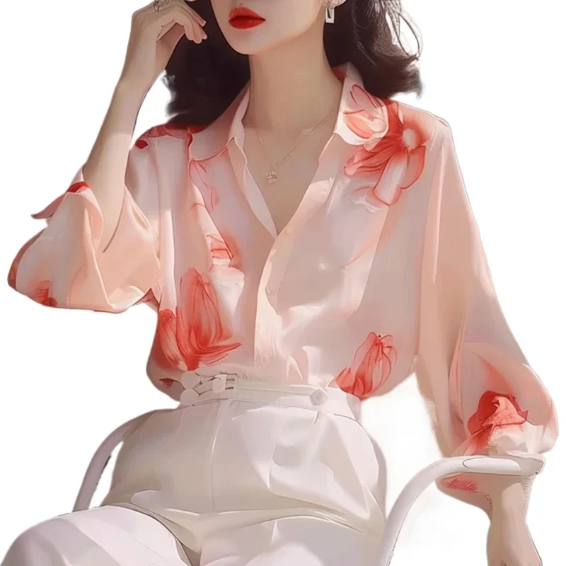 Chiffon Women\'s Shirts Spring/summer Vintage Blouses Loose Long Sleeves Women Tops Prints Fashion Clothing