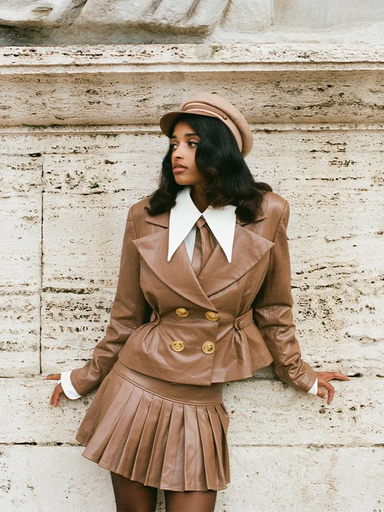 

Женский комплект Nana Jacqueline: винтажная куртка из искусственной кожи с поясом, подчеркивающим талию, элегантный модный ансамбль для весны и осени