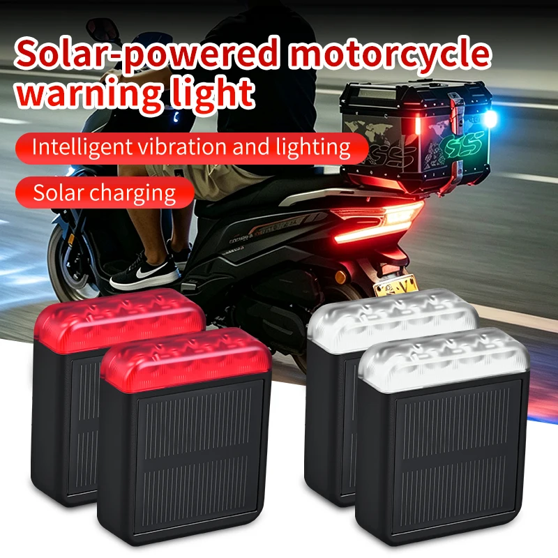 Solar Motorcycle Warning Light IP67 Waterproof LED Strobe Wireless No Wiring Vibration Sensor Auto Flash Tail Box Lamp