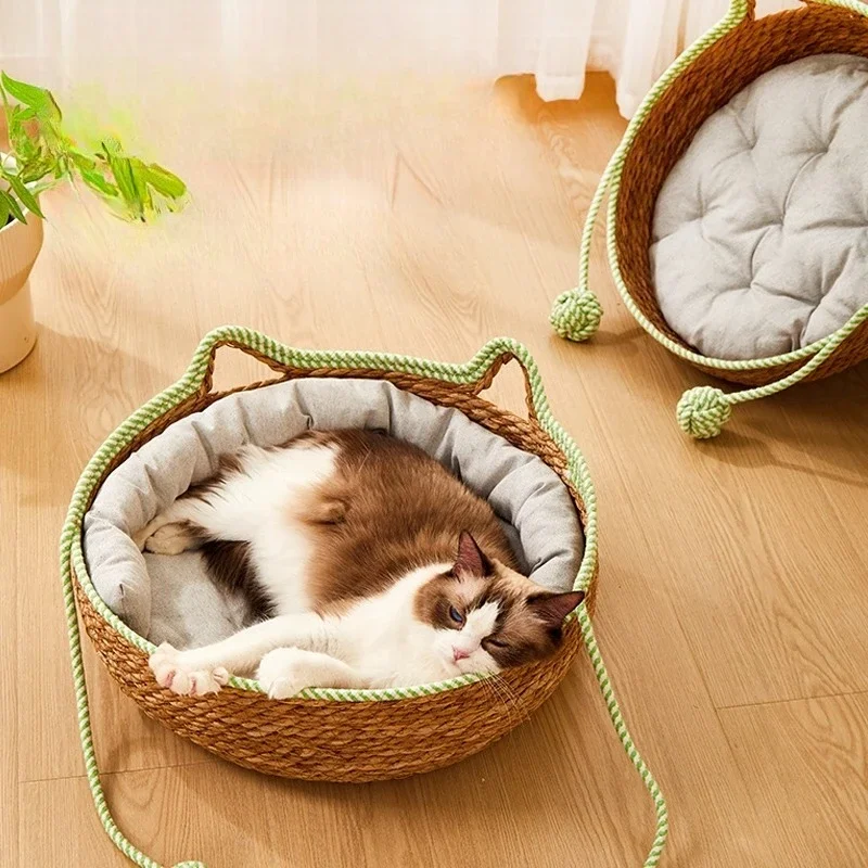 Rattan cat nest summer cat bed pet dog floor mat