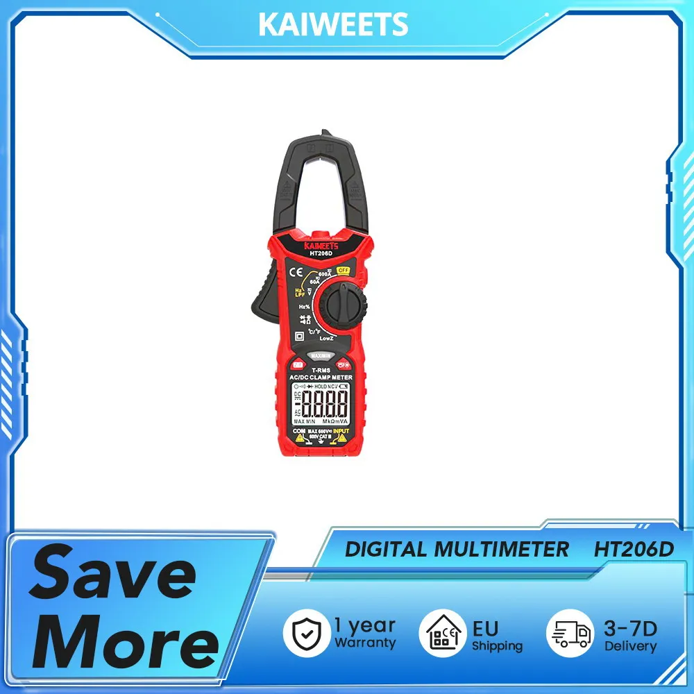 KAIWEETS HT206D MULTIMètre NUMÉRIQUE, Charges Non linéaires, Courant AC/DC, Tension AC/DC, Écran LCD rétroéclairé bicolore