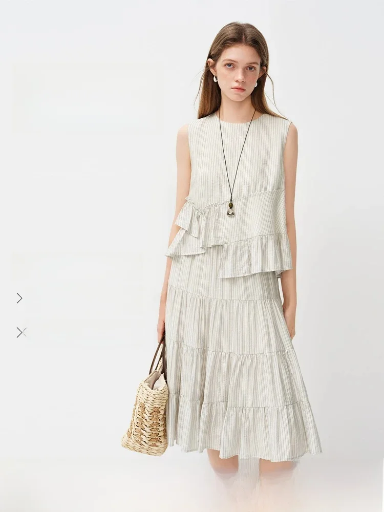 

Spring 2026 New Asymmetrical Design Striped Svel irt Women's Faion Set with Lace Hem Top And Bot Ensemble