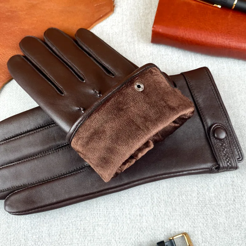 High Quality Genuine Sheepskin Leather Men Gloves Autumn Winter Windproof Warm Touch Screen Business Full Finger Gloves