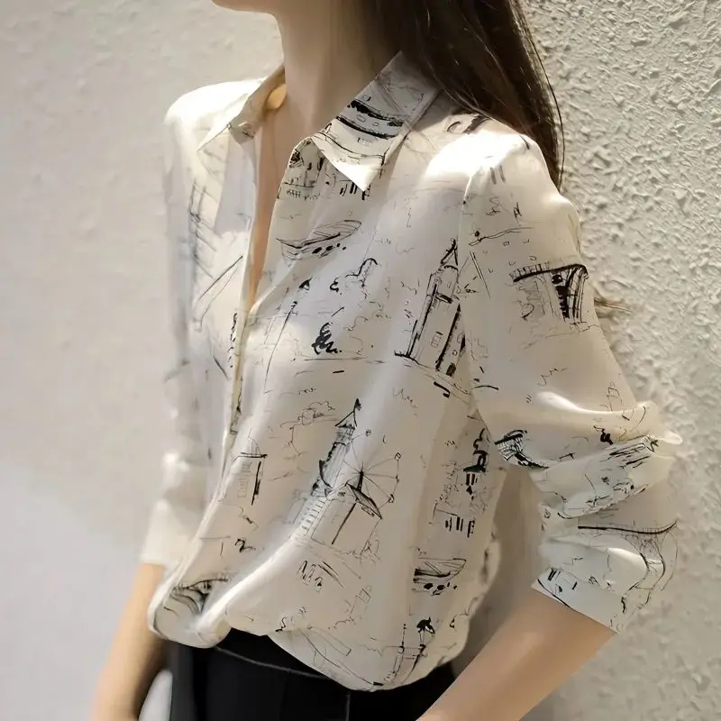 

Spring Summer Chiffon Floral Print Blouse Women Long Sleeve Elegant Versatile