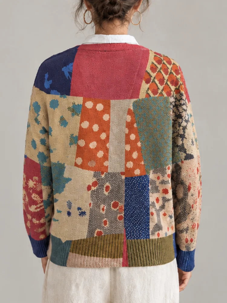 Women's Knitted Cardigan with a V-Neck Design That Is Loose and Soft, Providing Warmth. Featuring Multi-Color Patchwork of Retro Geometric and Floral Prints. Suitable for Layering with Knitted Sweaters in the Autumn and Winter Seasons.
