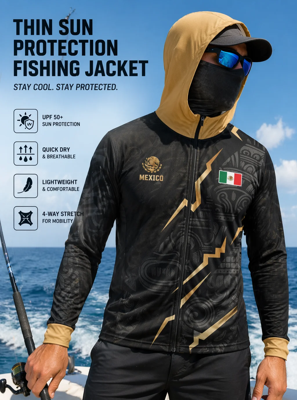 Mexican long sleeve fishing sun shirt, highly elastic & breathable, windproof & wear-resistant, ideal for shore & sea fishing