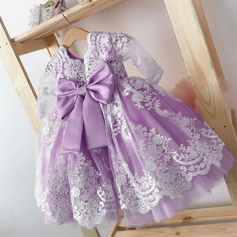 Baby Pink Dress Toddler Girl Party Formal Dress Newborn Princess Lace Bow Gown Girl Communion Dress Wedding Dress Free Hairclips