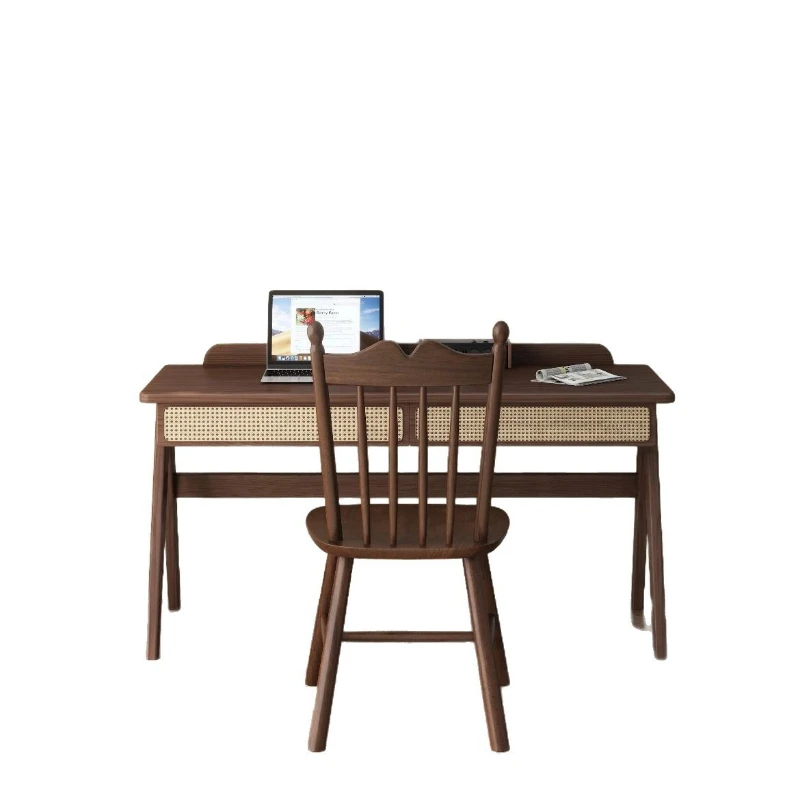 Retro style ash wood solid wood desk study office home dresser black light luxury rattan learning computer desk