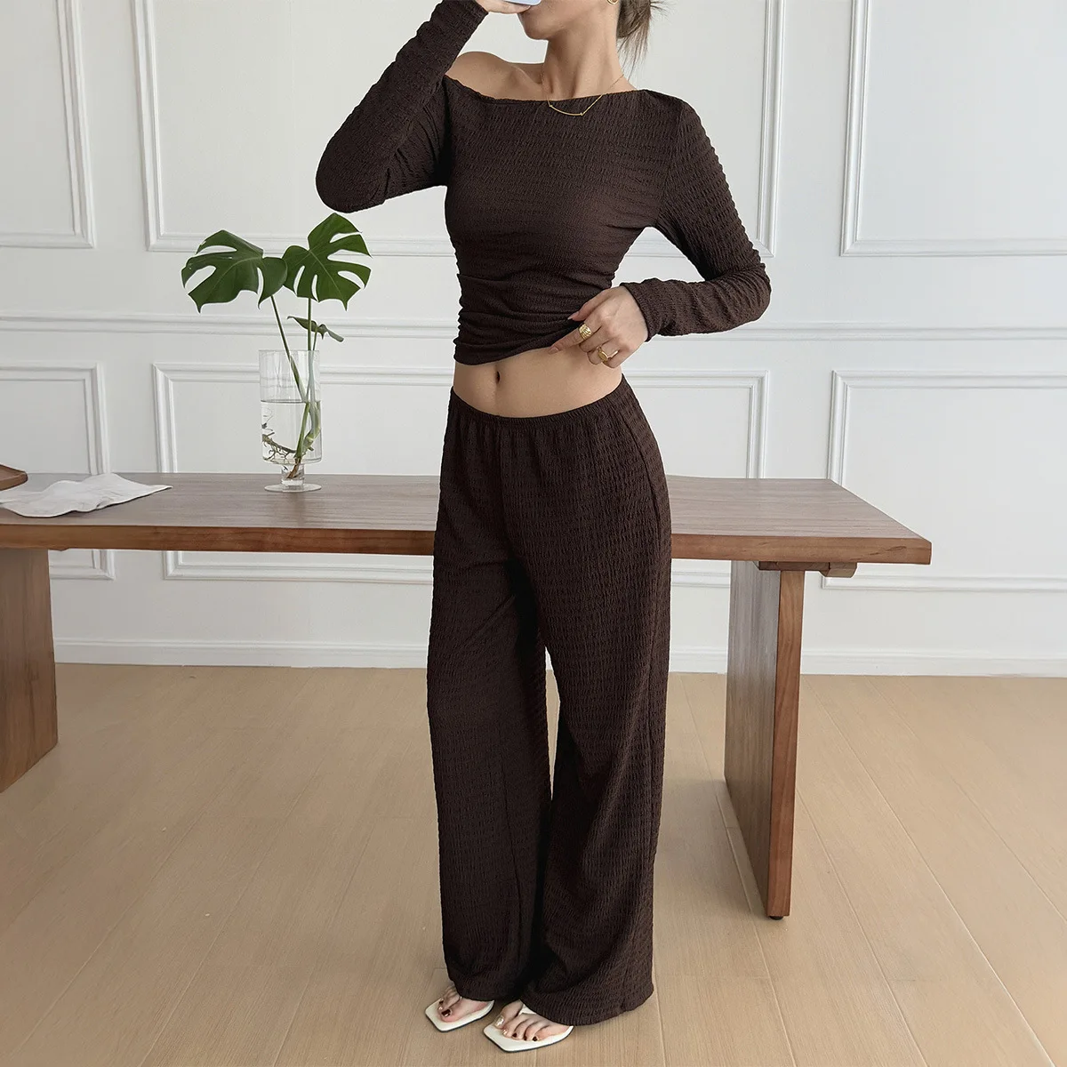 

Elegant Sexy 2 Piece Sets Womens Outfits 2025 Leisure Vacation Long Sleeved Vest T-Shirts Pullover Tops Long Pants Set