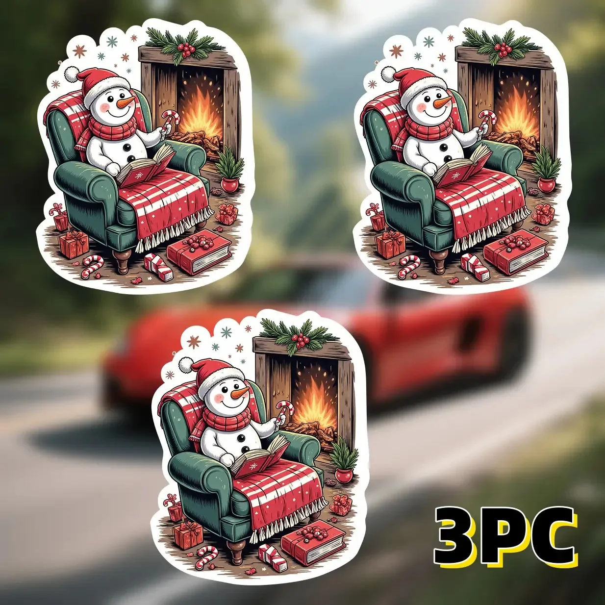 

Cozy Snowman Reading by Festive Fireplace Sticker Set" Sticker, Ideal for Car Windows, Laptop Lids, Adding a Warm Holiday Vibe