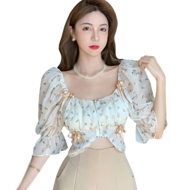 Women\'s Square Neck Floral Light Chiffon Shirt Blouse See Through Bubble Sleeve Short Sleeve Bowknot Short Blouse Tops