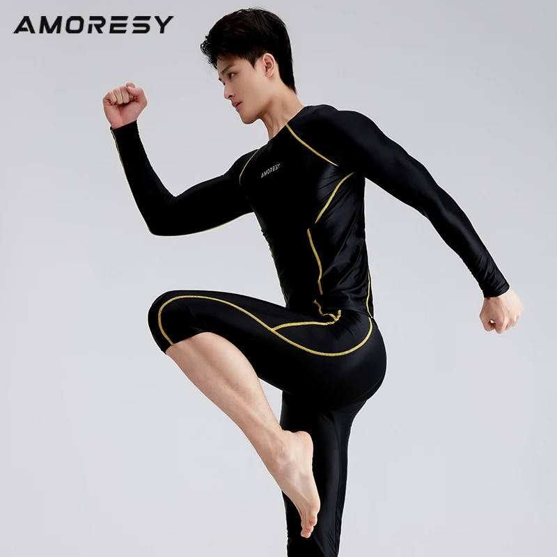 AMORESY Men Glossy Smooth Round Neck Long Sleeve Satin Oil T-Shirt Spandex Compression Surfing Sports Fitness Running Top Tights