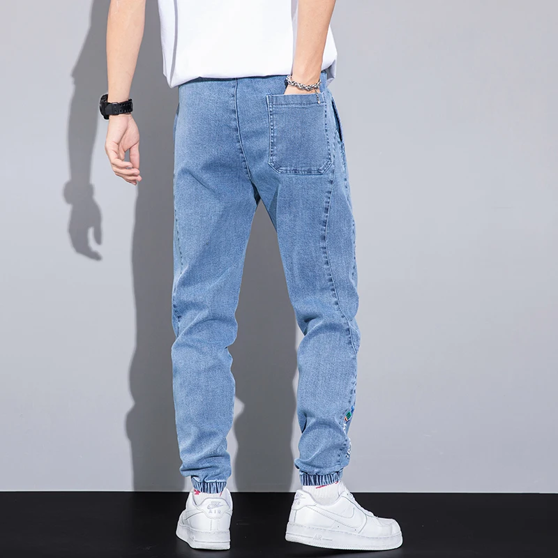 2024 Four Seasons Loose Men\'s Jeans Text Embroidery Baggy Elastic Waist Harlan Cargo Jogger Trousers Męskie Szare Duży Rozmiar M-8XL