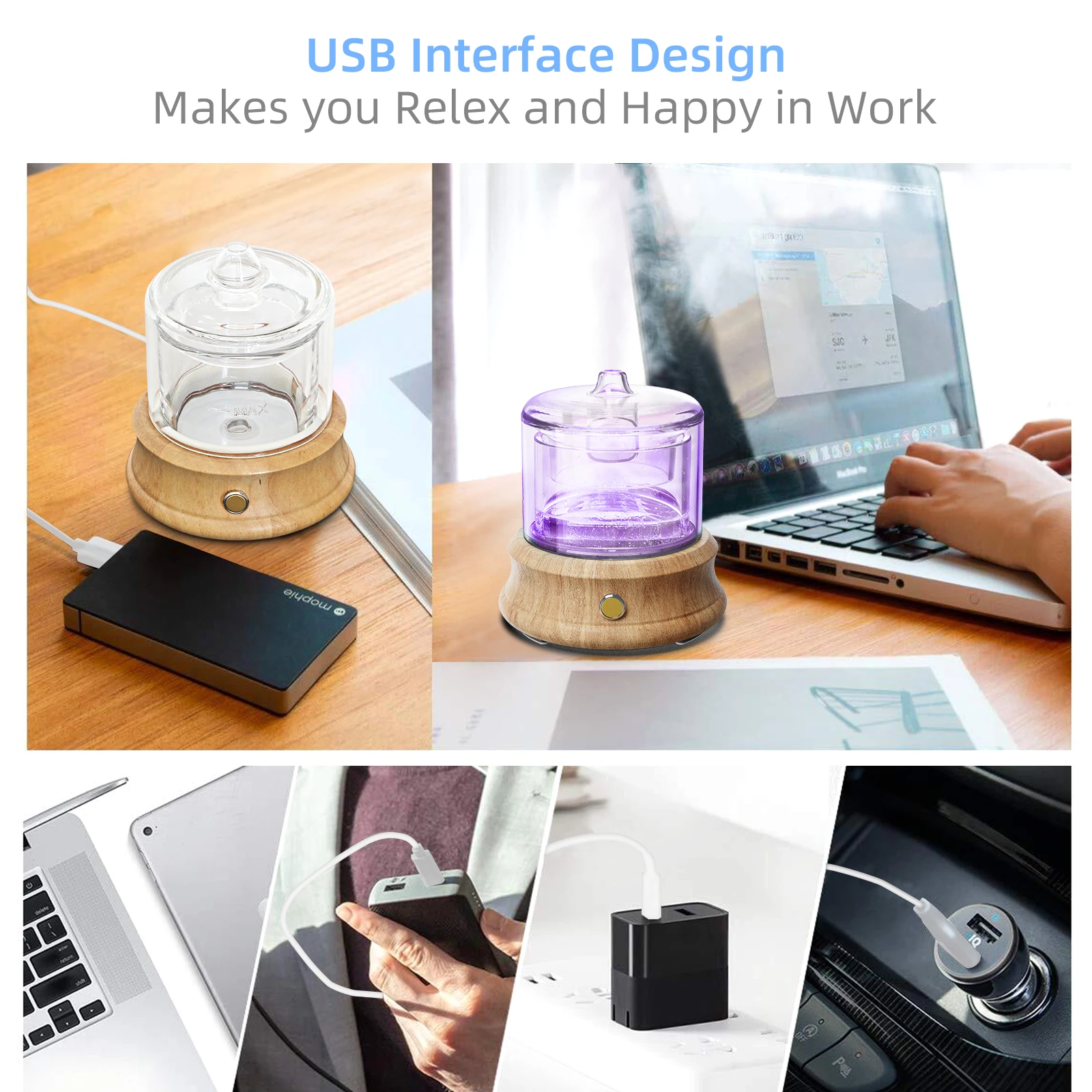 Diffusore per aromaterapia in vetro ad ultrasuoni Umidificatore per camera da letto piccola Modello USB Umidificatore in vetro a sette colori