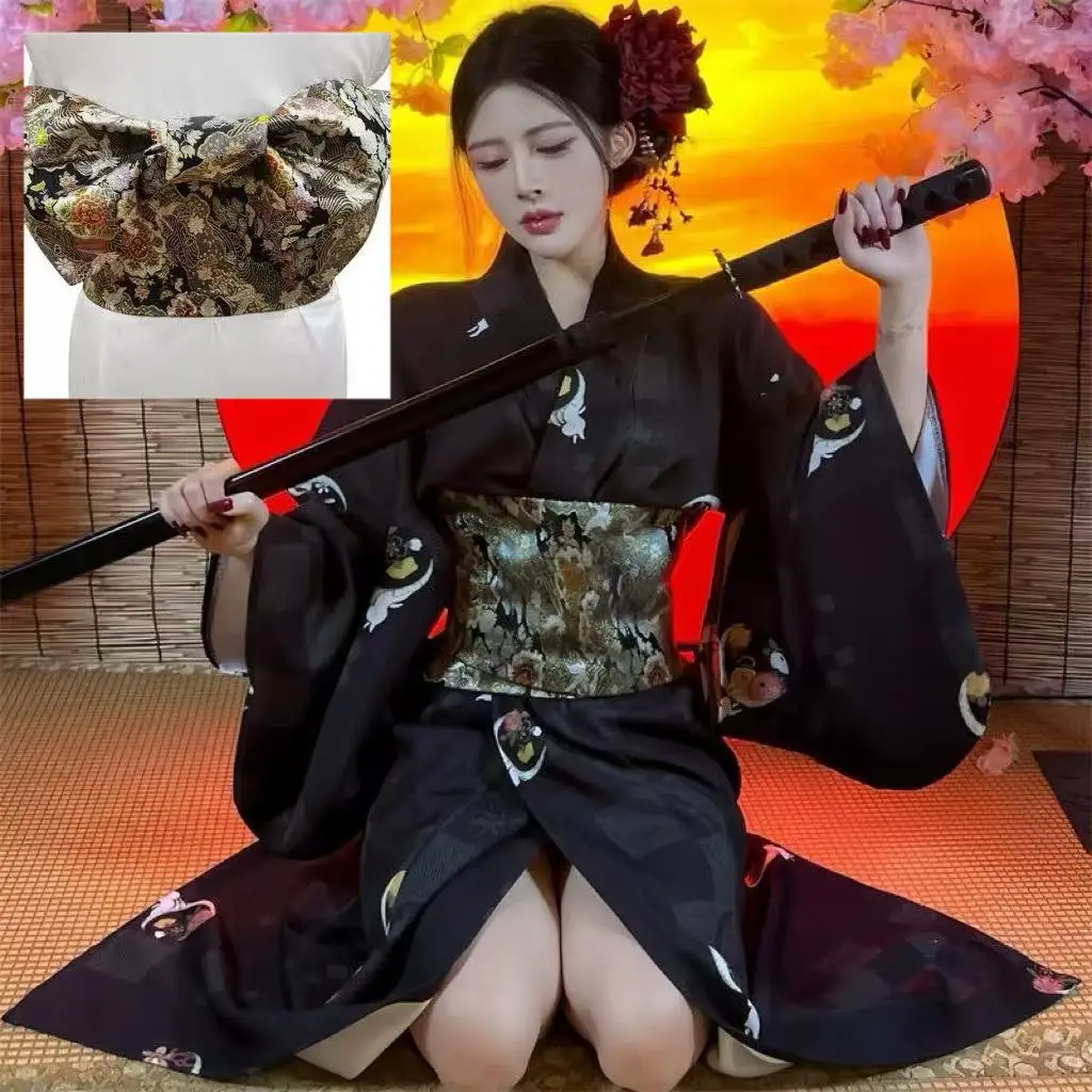 classic-dark-black-kimono-for-woman-traditional-japanese-clothing-vintage-yukata-gold-woven-obi-set-halloween-cosplay-costume