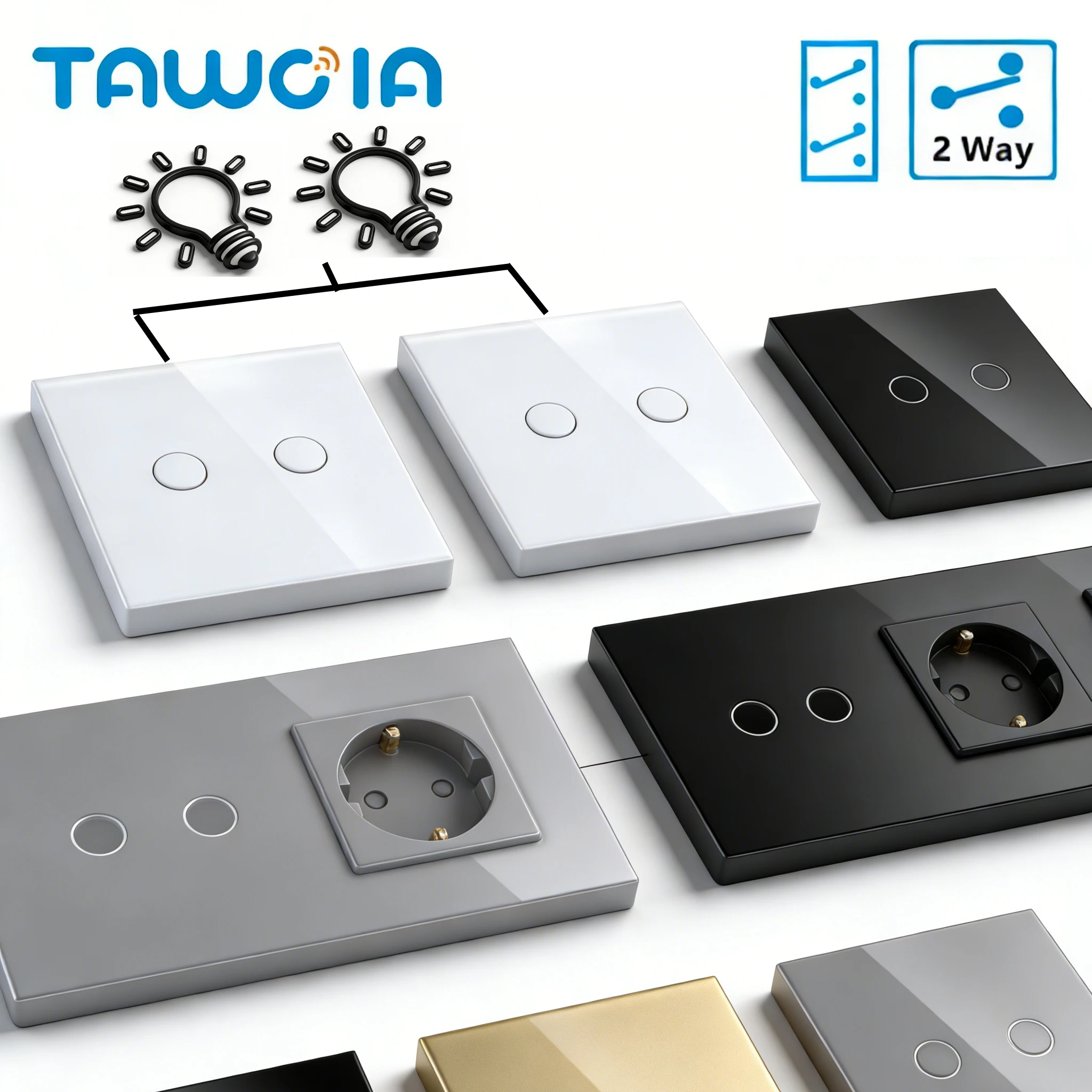 TAWOIA 2 Gang Touch Light Switch EU Compatible 1/2/3 Way for Stairs Corridors Glass Panel Wall Socket for Home Improvement