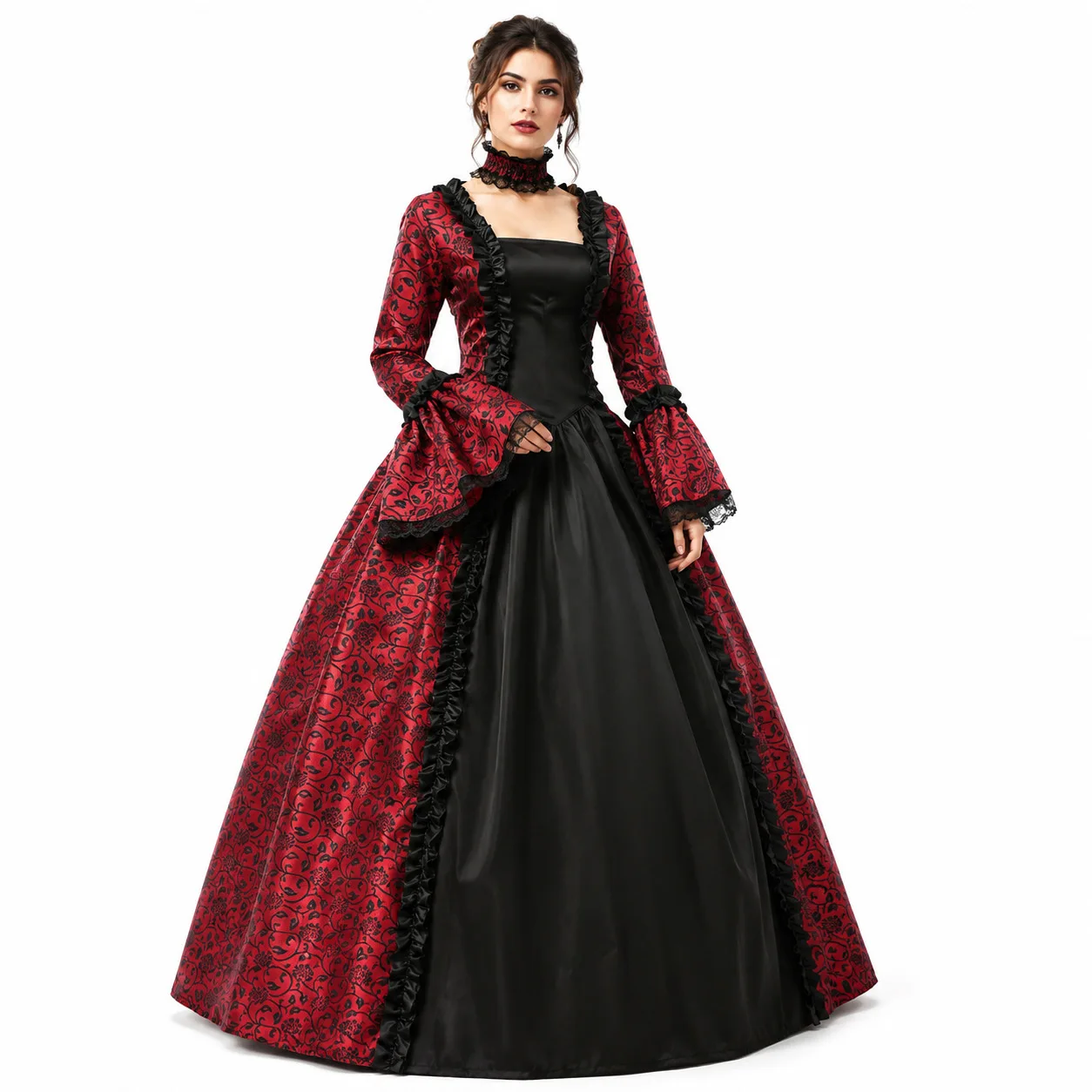Vintage Medieval Gothic Square Neck Dress Flare Sleeve Lace Patchwork Maxi Dress Court Queen Princess Halloween Cosplay Costume