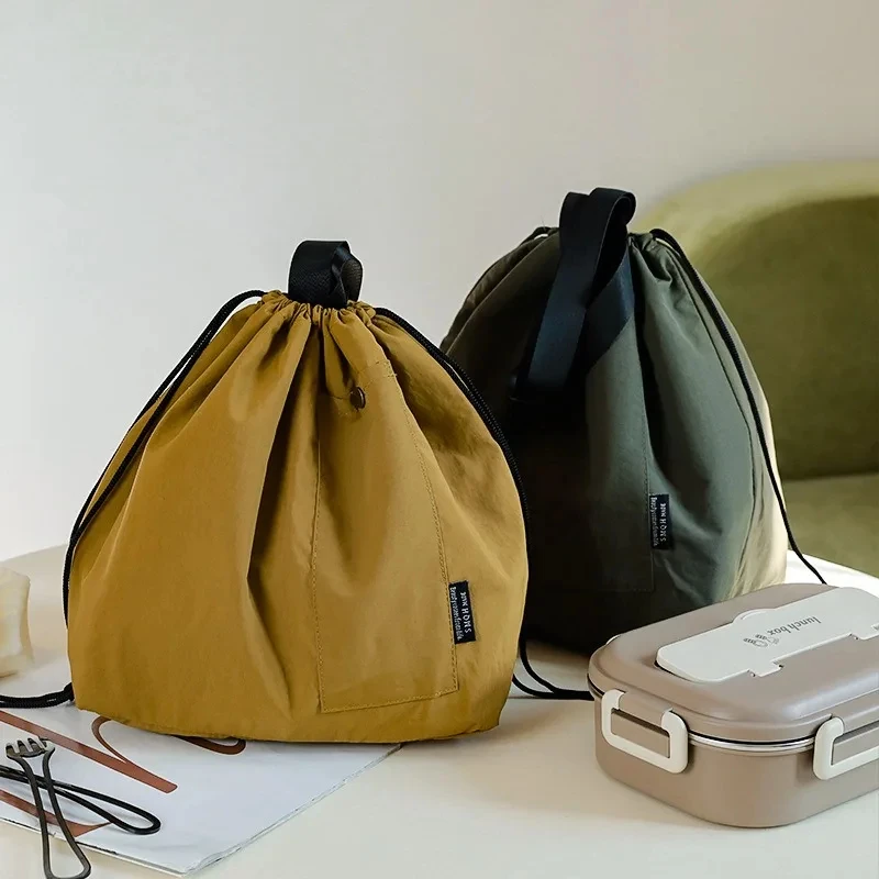 Borsa da pranzo coreana giapponese in tela di cotone grande tinta unita con coulisse borsa da picnic portatile con isolamento termico Bento Box