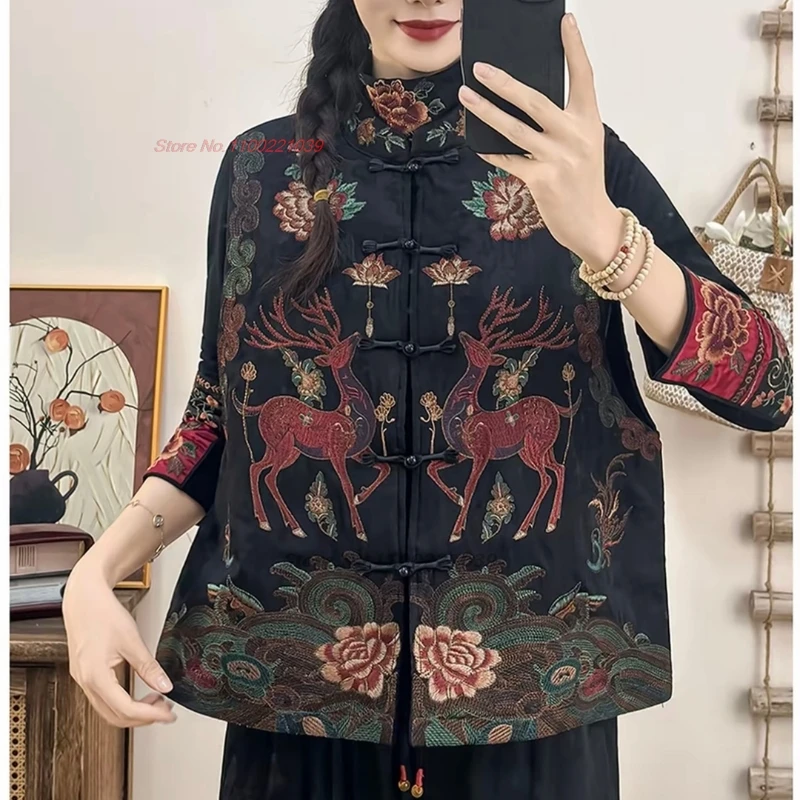 2025 الوطنية زهرة التطريز الساتان سترة جاكار الصينية التقليدية الوقوف طوق القطن مبطن سترة العرقية جاكيت بلا إكمام #1