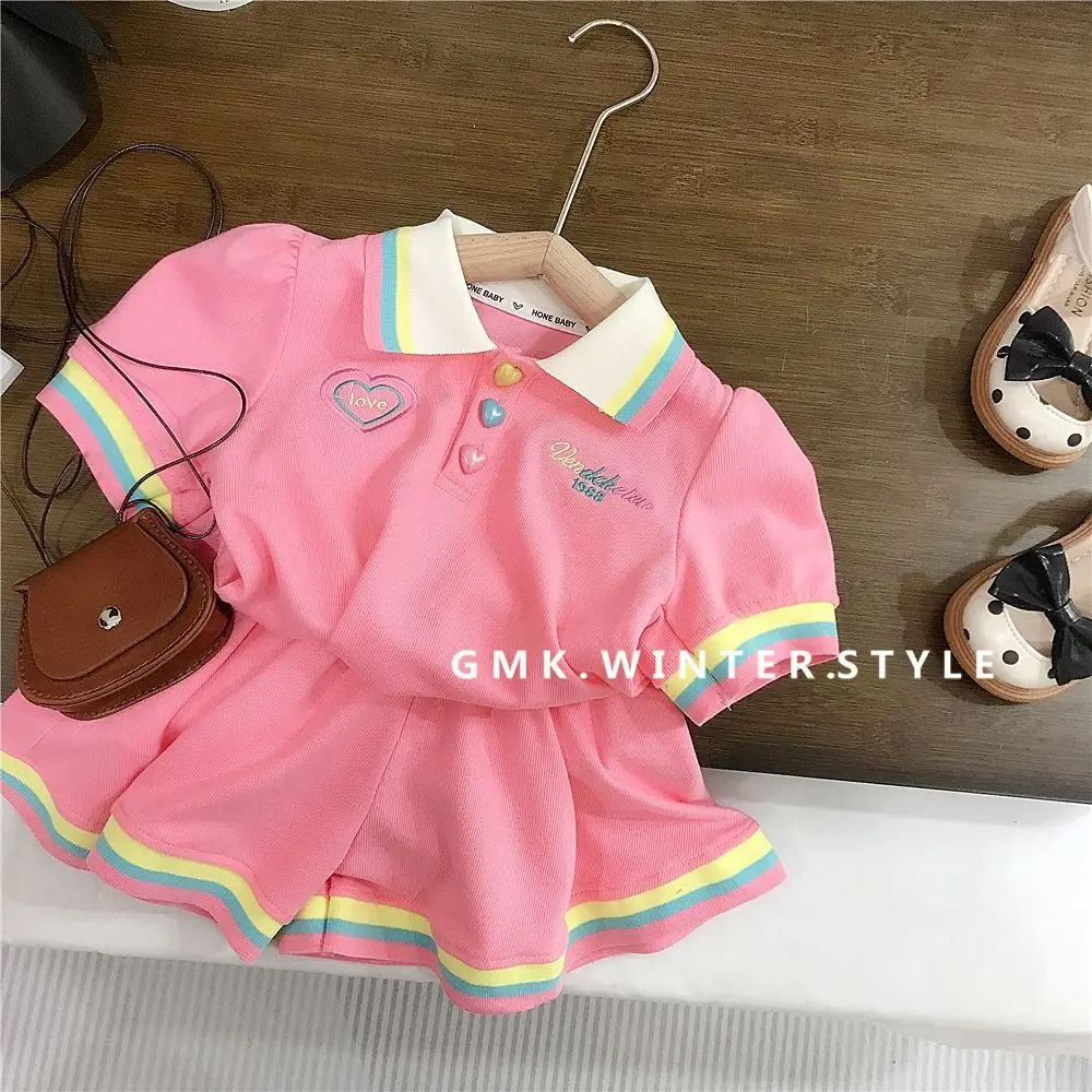 

Summer Toddler Girl 2PCS Clothes Set Love Button Embroidery Letter Polo Shirt Loose Striped Contrast Hem Shorts Baby Girl Outfit