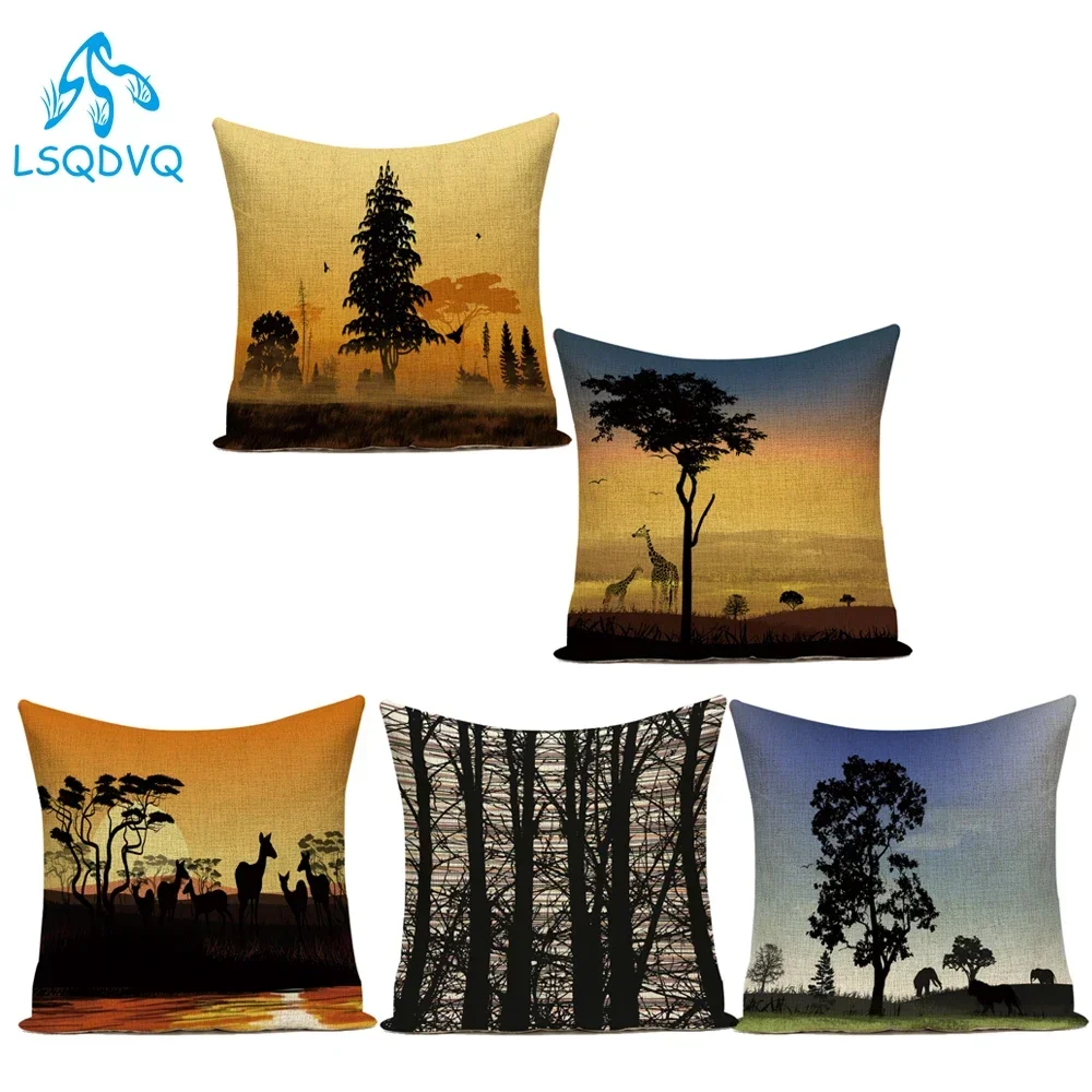 Decorative Throw Pillows Case Scenic Trees Animals Giraffe Polyester Pillow Cushion Cover for Living Room Sofa Car Home