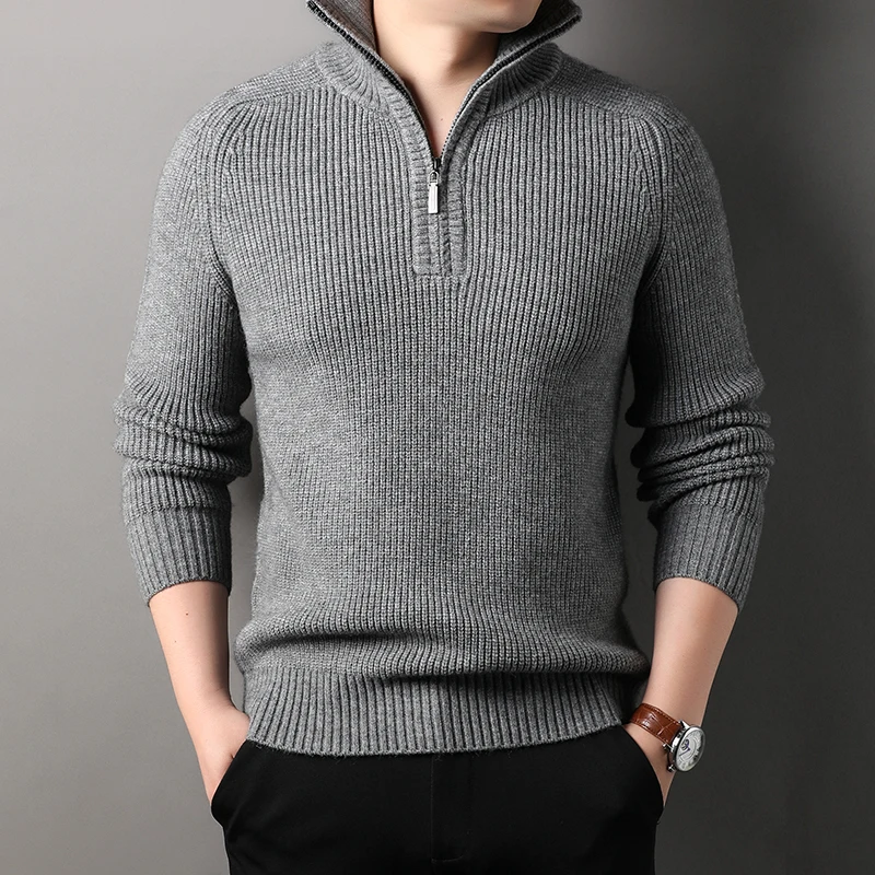 Men's Autumn Winter Casual Zipper Turtleneck Long Sleeve Slim Fit Pullover Sweater Men Solid Color Knitted Sweaters