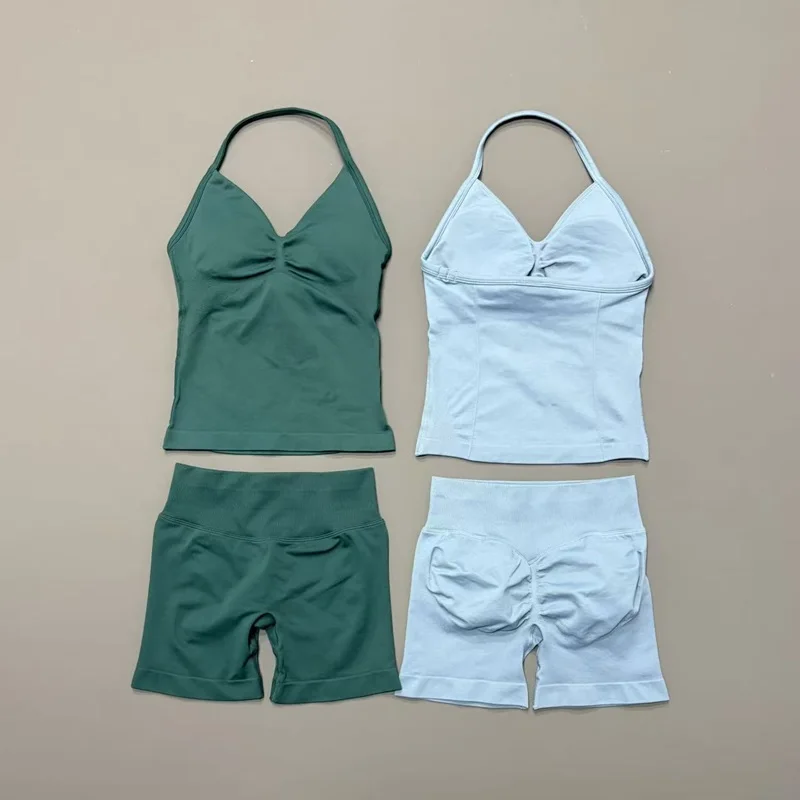 2-teiliges Gym-Set für Damen, nahtloses, lang geschnittenes Top mit Trägern, Yoga-Scrunch-Shorts, Trainingsanzug, schnelltrocknend, atmungsaktiv, Lauf-Sportset