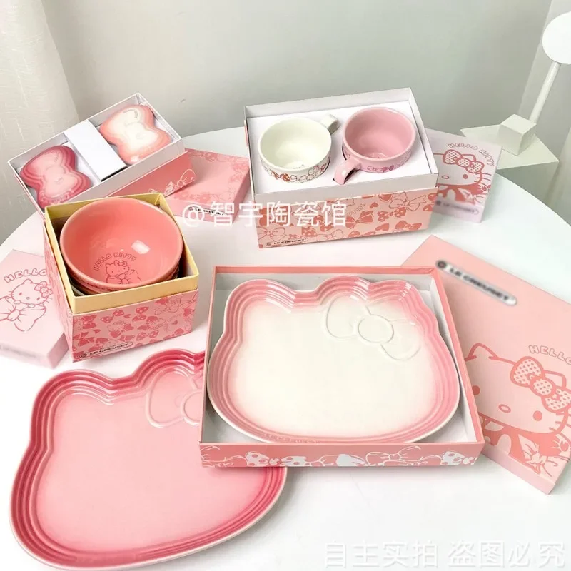 Sanrio Hello Kitty Ceramic Dinner Plate Tableware Bow Tie Shaped Dinner Plate Rice Bowl Cups And Saucers Set Birthday Gift