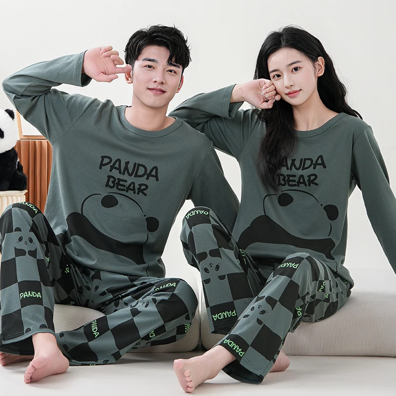 Pajamas For Couples Spring Autumn Animal Panda Comfortable Lady\'s Long Sleeve Cotton Leisure Home Clothes And Nightwear Suit 4XL