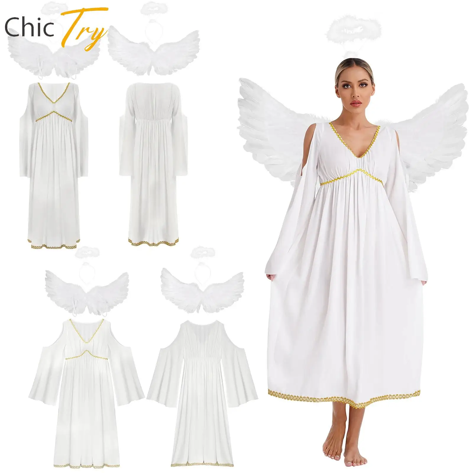 Womens Angel Dress Cosplay Dress Up Costume Flare Sleeve Flowy Dress+Headband+Feather Wings Set Halloween Party Performance Set