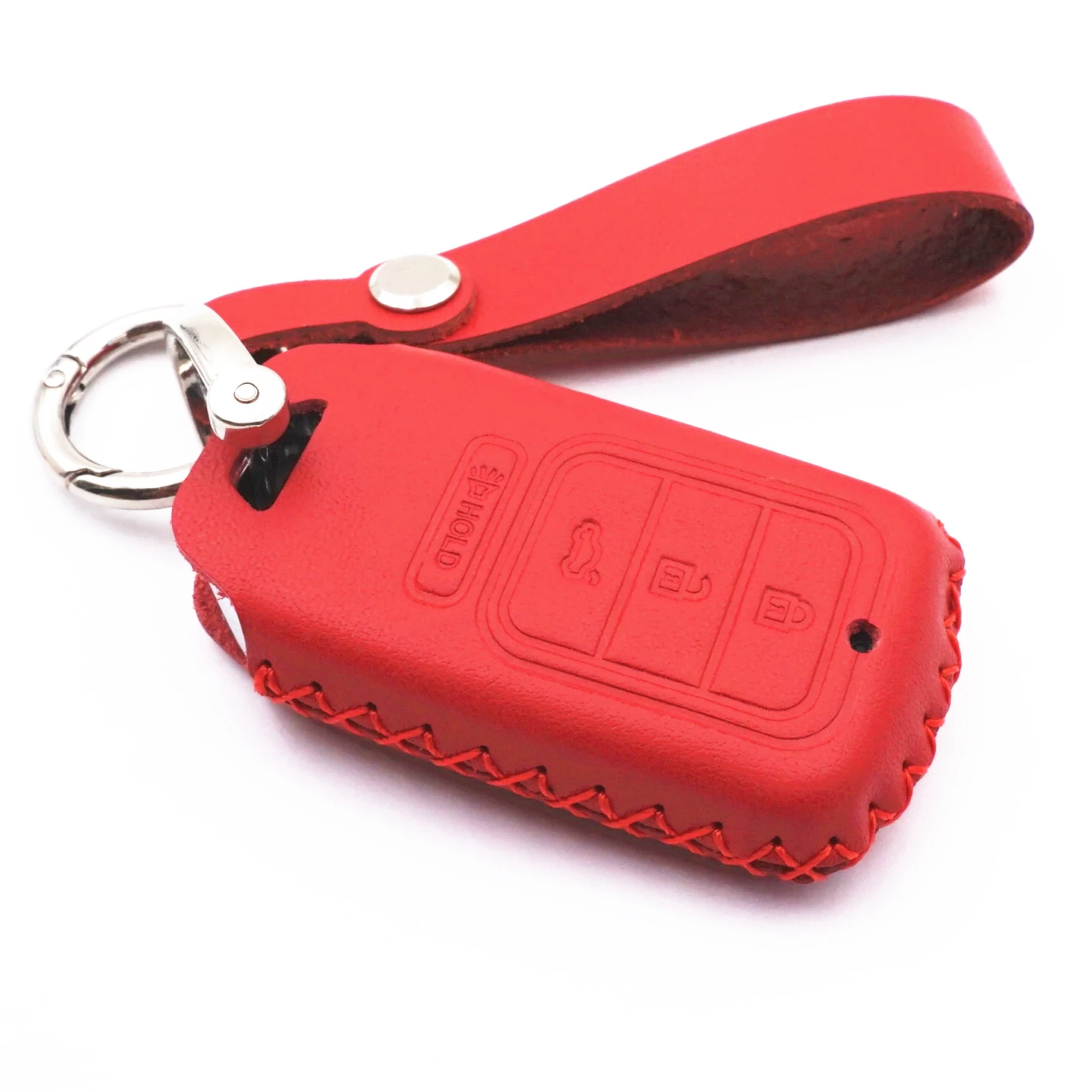 WFMJ Red Leather for Honda Civic Fit Accord Pilot CR-V Remote 4 Buttons Key Case Cover Fob Covers Chain (Red stitch)