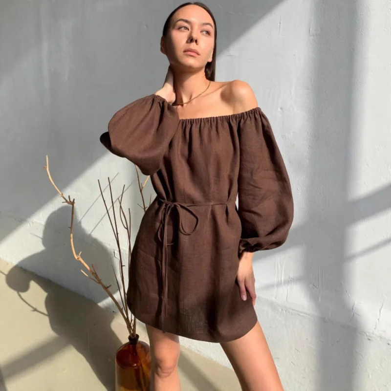 

2025Autumn New Long Sleeve Off-Shoulder Pure Cotton Short Dress Women's Dress Brown Puff Sleeve Dress