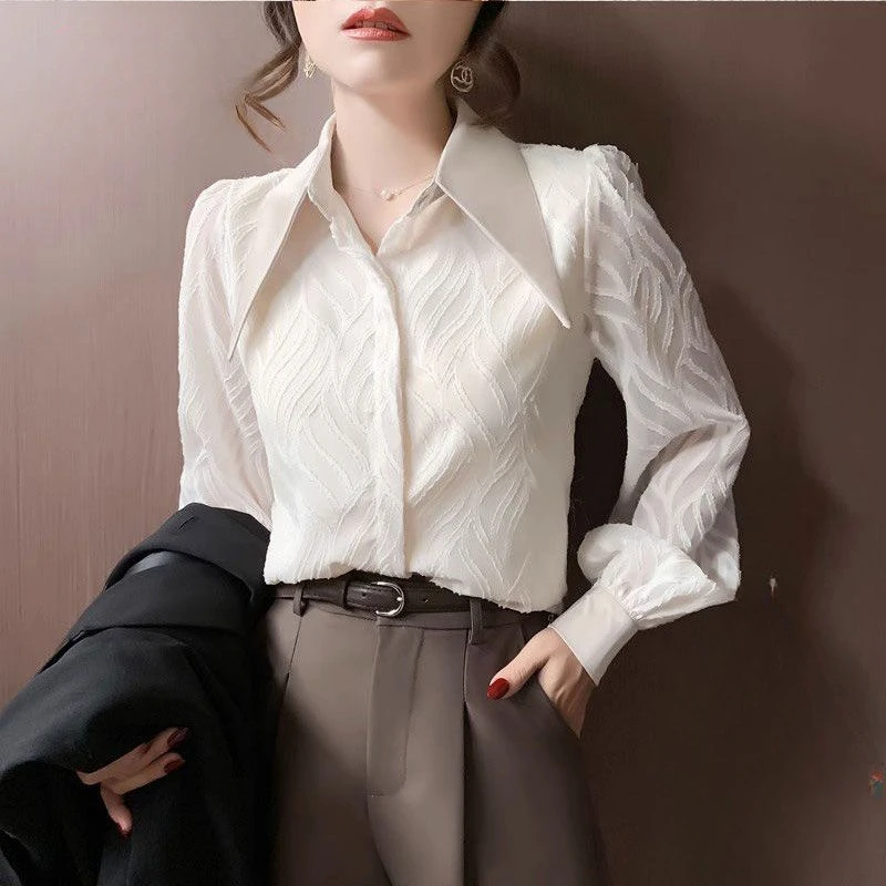 French Autumn Women Puff Sleeve Design Chic Silk Blouse White Balck Button Office Lady Tops Long Sleeve Bottom Lace Shirt A31