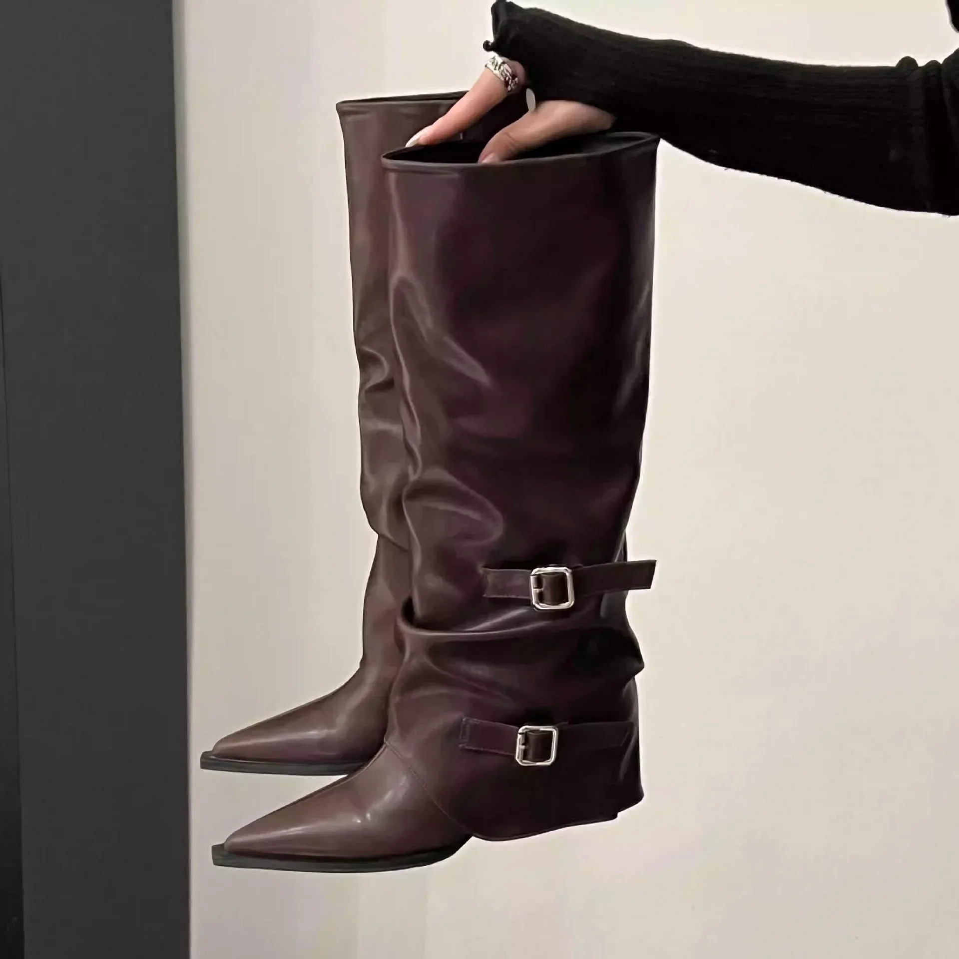 Vintage Damenstiefel mit Dickem Absatz, Frühling/Herbst, Elegante Ritterstiefel mit Gürtelschnalle – Detail 12