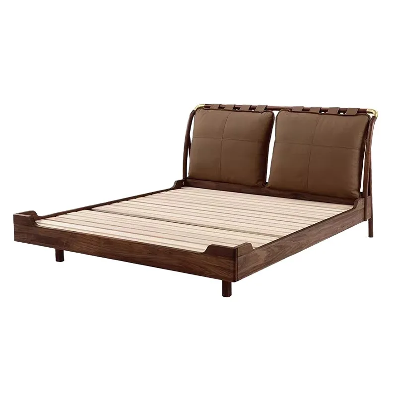 Black walnut solid wood bed, double bed, leather soft hovering bed