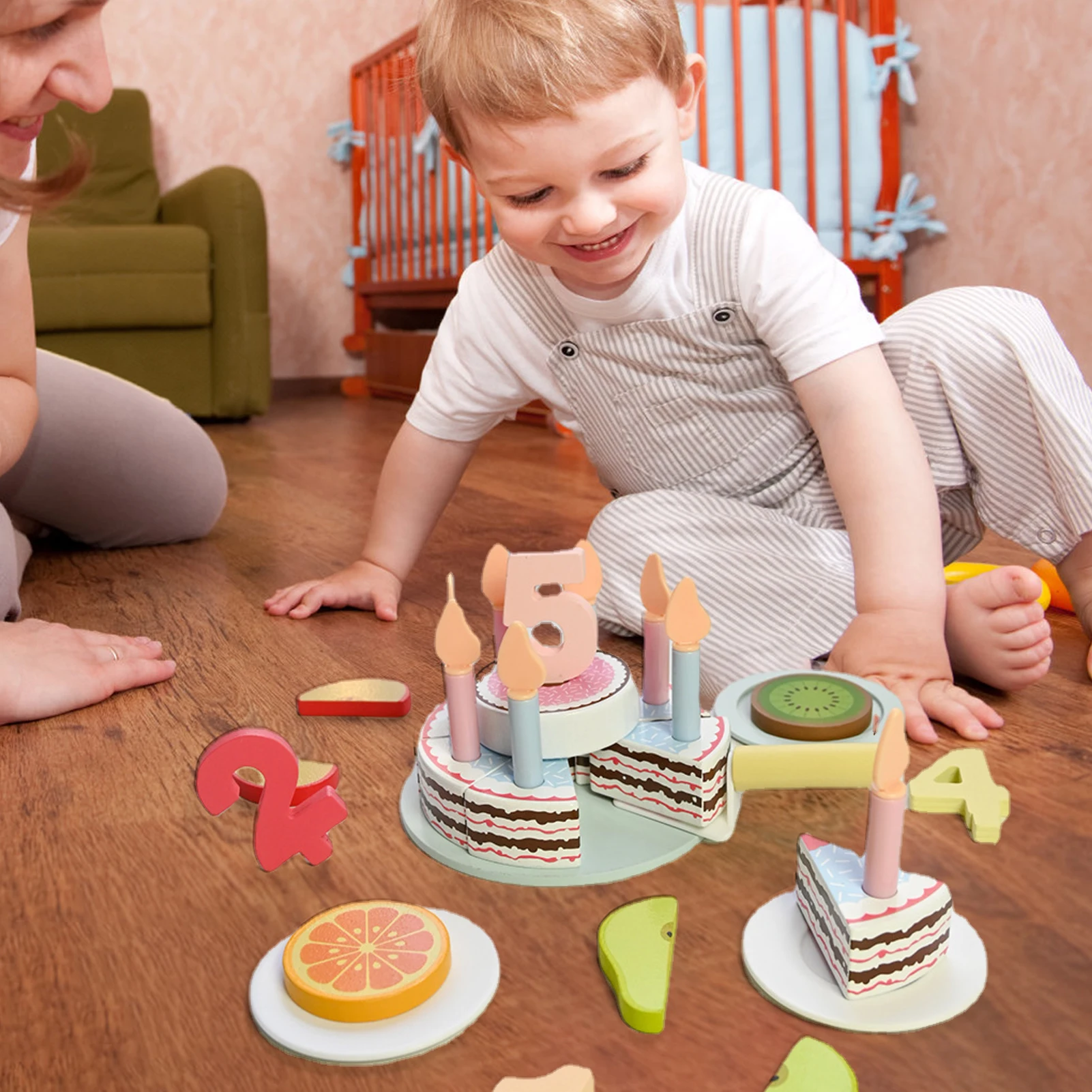 Wooden Birthday Cake Toy Miniature Food Wooden Cutting Birthday Cake Toys Food Set Learning Educational Montessori Party Toys