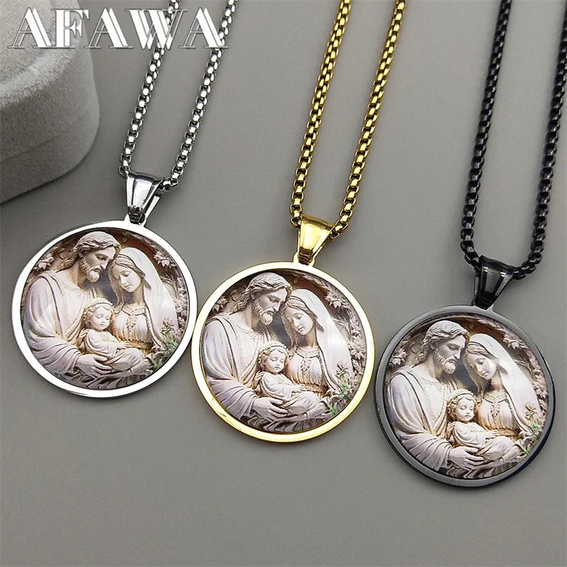 مريم العذراء سانت جوزيف بيبي يسوع الزجاج قلادة مستديرة قلادة للنساء الرجال الفولاذ المقاوم للصدأ الذهب اللون مجوهرات تميمة المسيحية #2