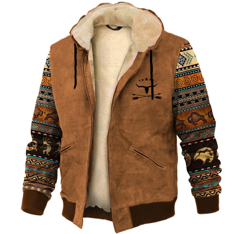 Hip Hop New Vintage Tribal Ethnic style 3D Print Winter Hoodies Zipper Jacket outdoors Outerwear Men Fleece Jackets Warm Coats