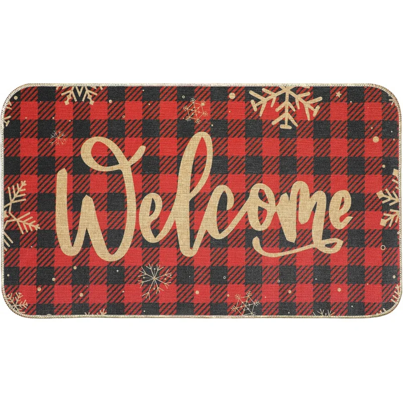 

Christmas Snowflake Welcome Doormat, Buffalo Plaid Christmas Mat for Indoor Outdoor Home Garage Non-Slip Floor Mat Winter Sign