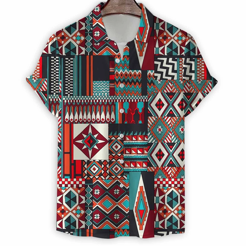 Vintage Geometric 3d Print Shirt Men Art Graphic Short Sleeve Tops Button Hawaiian Shirts Summer Casual Loose Lapel Blouse