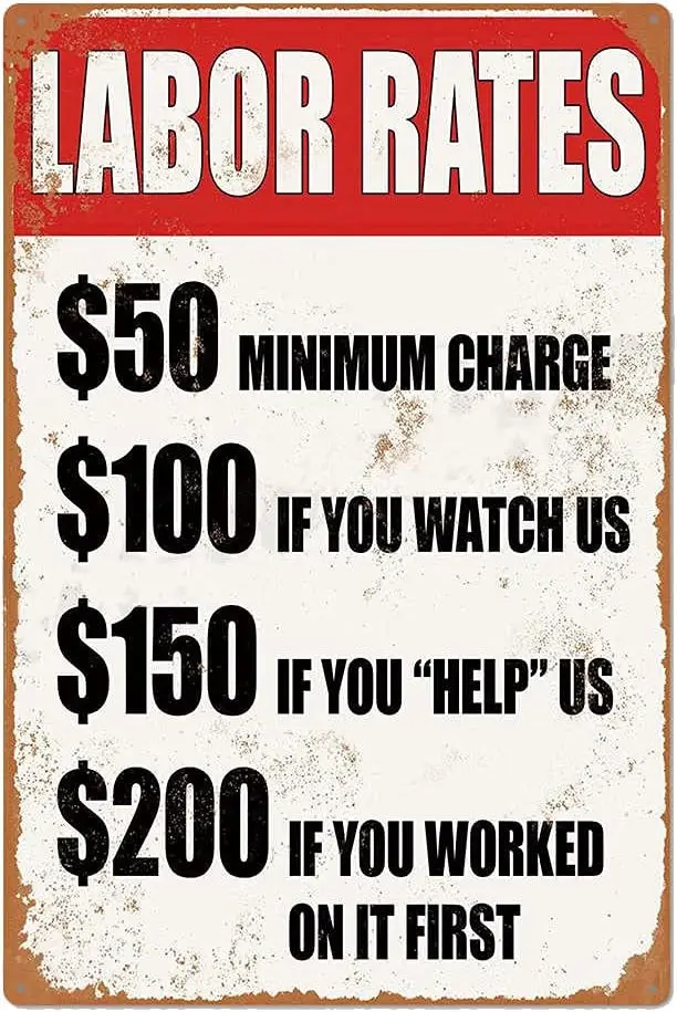Original Retro Design Labor Rates Tin Metal Signs Wall Art | Thick Tinplate Print Poster Decoration for Garage