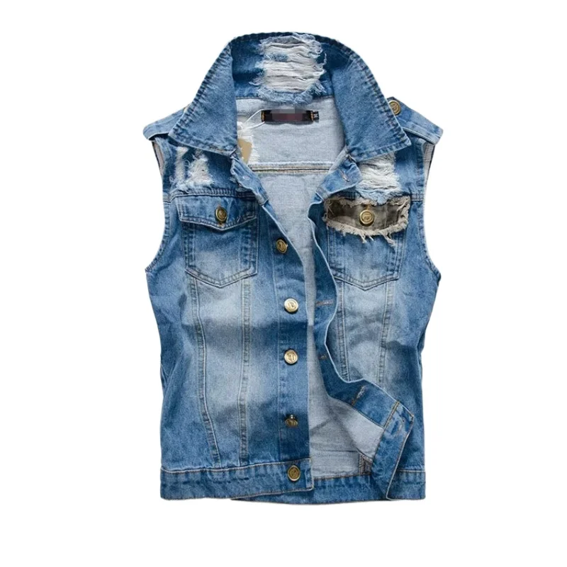 New Summer Men Light Blue Denim Vests Jackets Fashion Male Denim Waistcoats Vests Man Cotton Streetwear Holes Jeans Vests 5XL