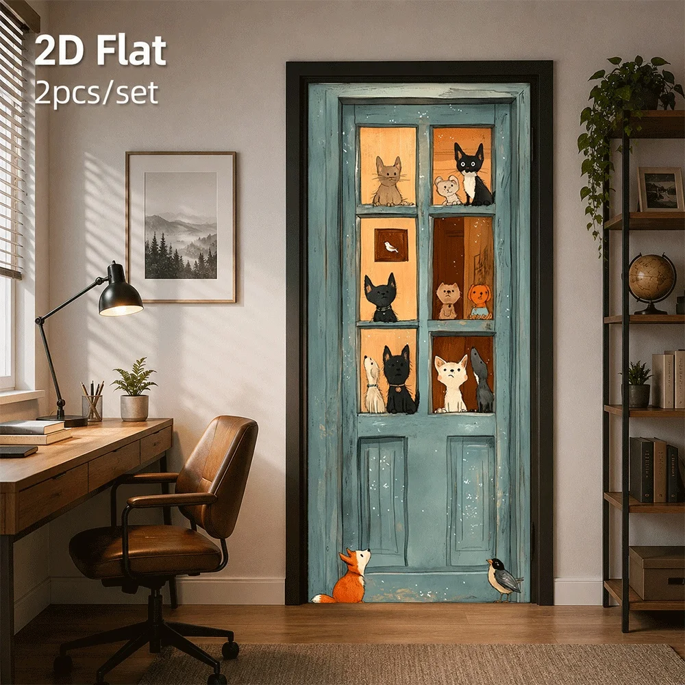1 piece of door sticker with cute animals from the glass pane of the door, suitable for decorating home doors 2D plan