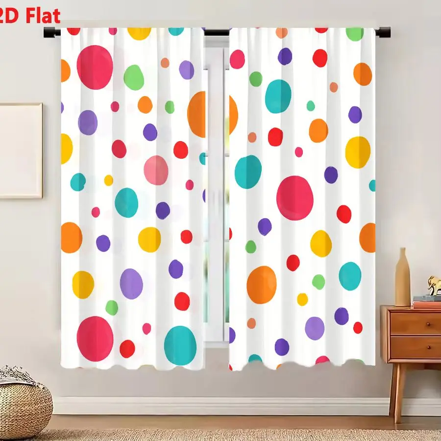 2Pcs Curtains 2D Flat Vibrant Playful Polka Dots Pattern With Pink Orange Yellow Purple Teal And Green On White Background Windo