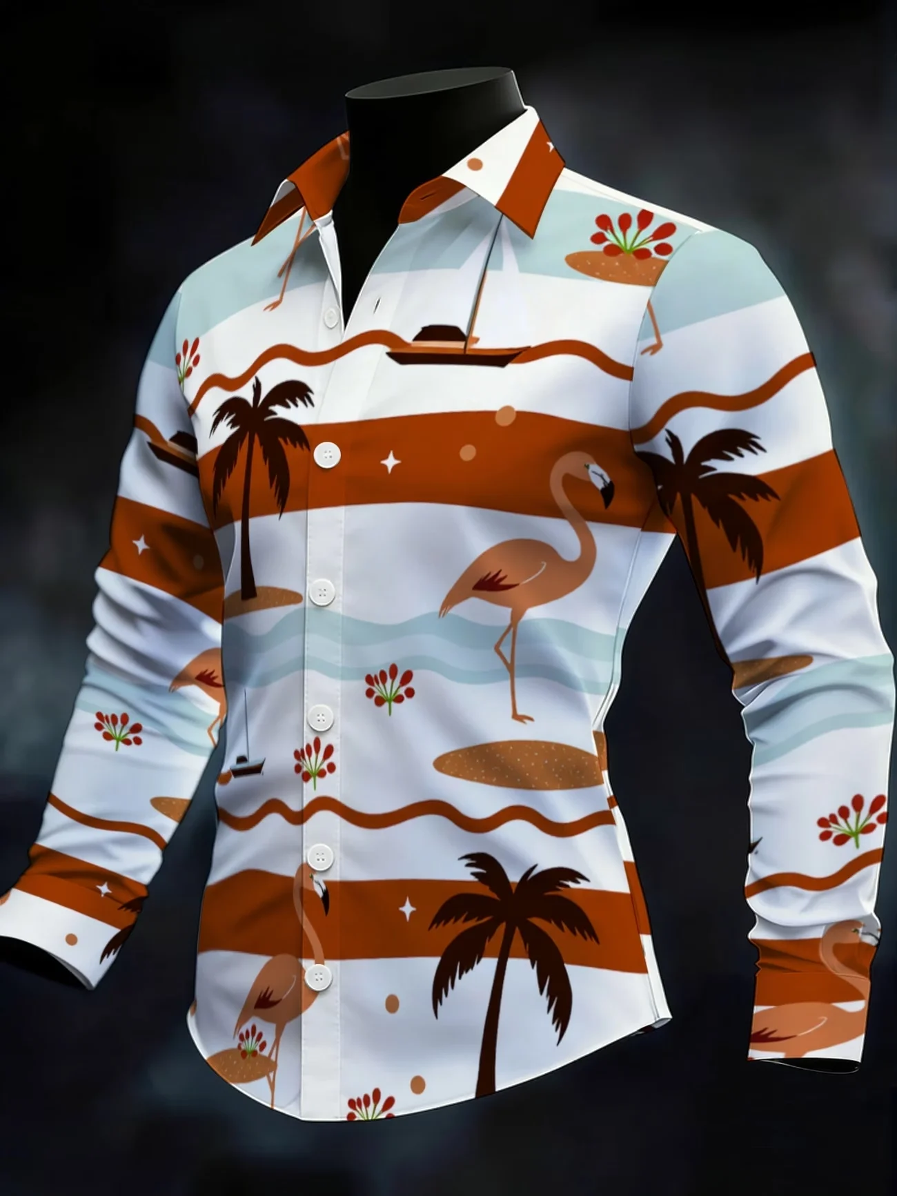 New horizontal and vertical cross line graffiti print lapel with white button closure men's trendy long sleeved shirt